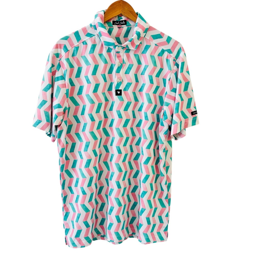 Bad Birdie Polo Shirt Mens Size L Pink Teal‎ Chevron Print Performance Golf Top